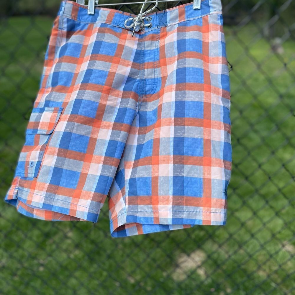TOMMY BAHAMA swim trunks in orange and blue check